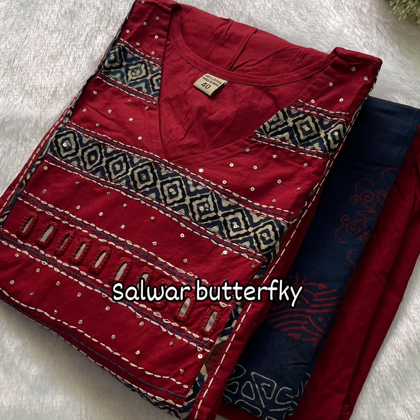 Salwar Butterfly red Dhabu cotton set with Ajrakh appliqué and mirror details