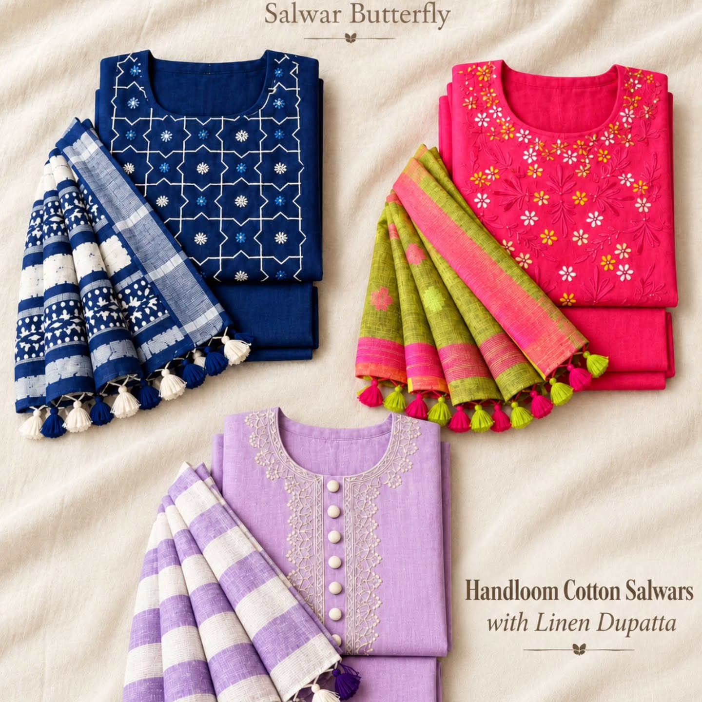 Three handloom cotton salwar sets paired with linen dupattas