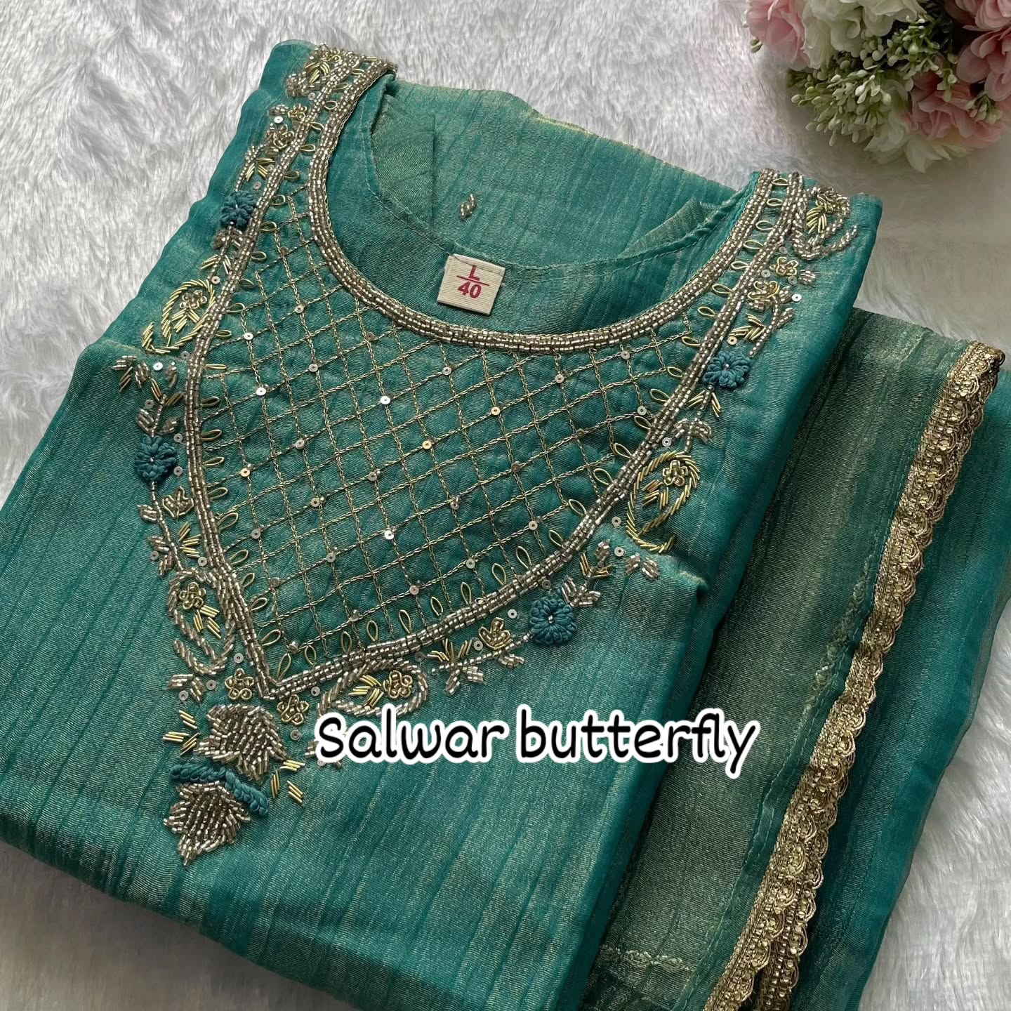 Salwar Butterfly teal Salsa silk set with ornate embroidery